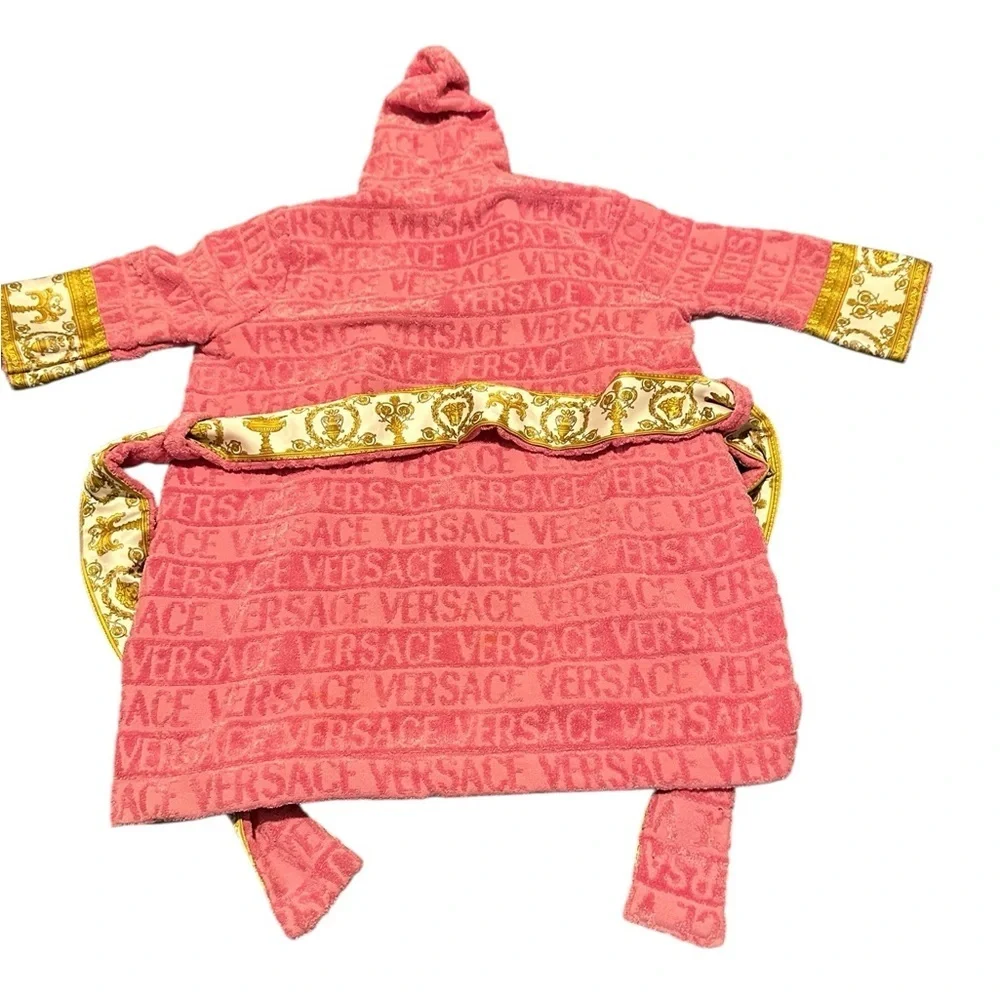 Versace Kids Coral Hooded Pajama Robe with Gold Baroque Trim, pre-owned